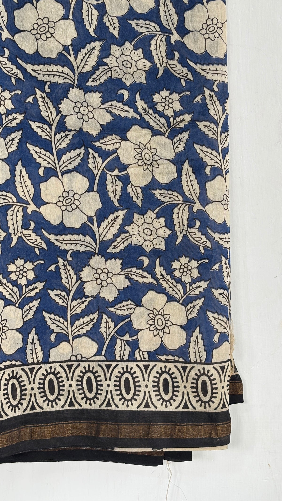 Navy Blue and Beige Floral Vine Handblock Mul Cotton Saree