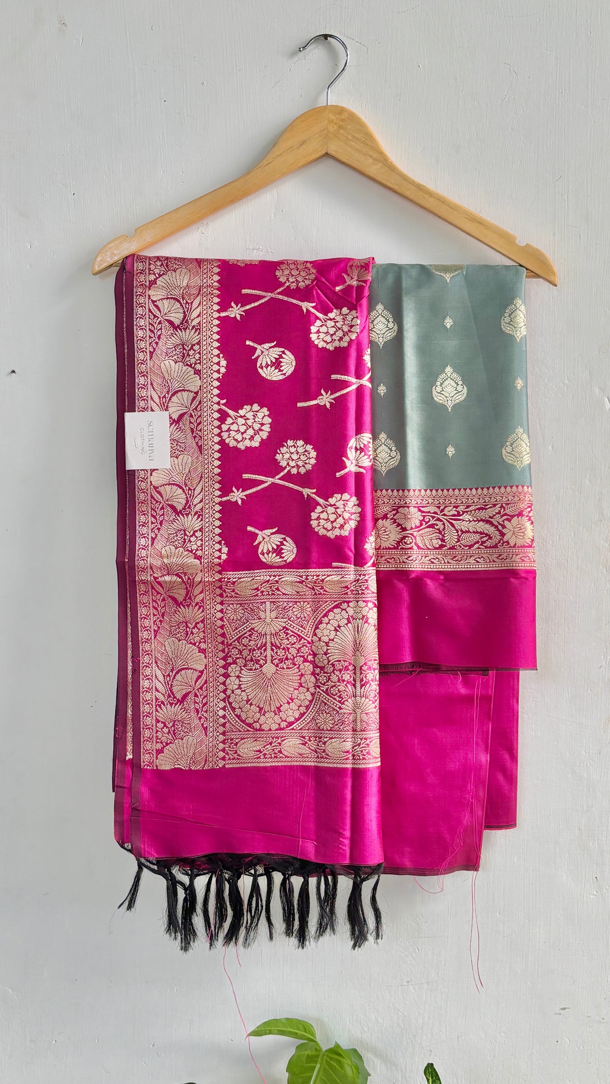Blueish Grey and Bright Pink Semi-silk Banarasi Suit Sets