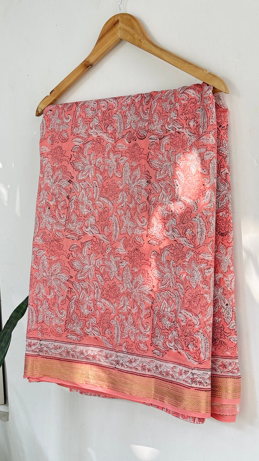 Peach Handblock Printed Maheshwari Silk Saree