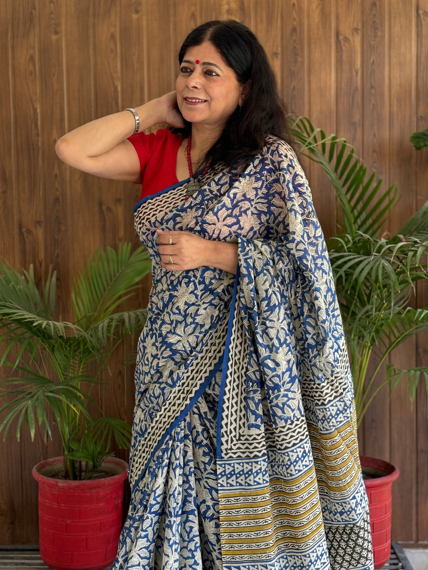 Floral Blue Handblock Printed Mul Cotton Saree