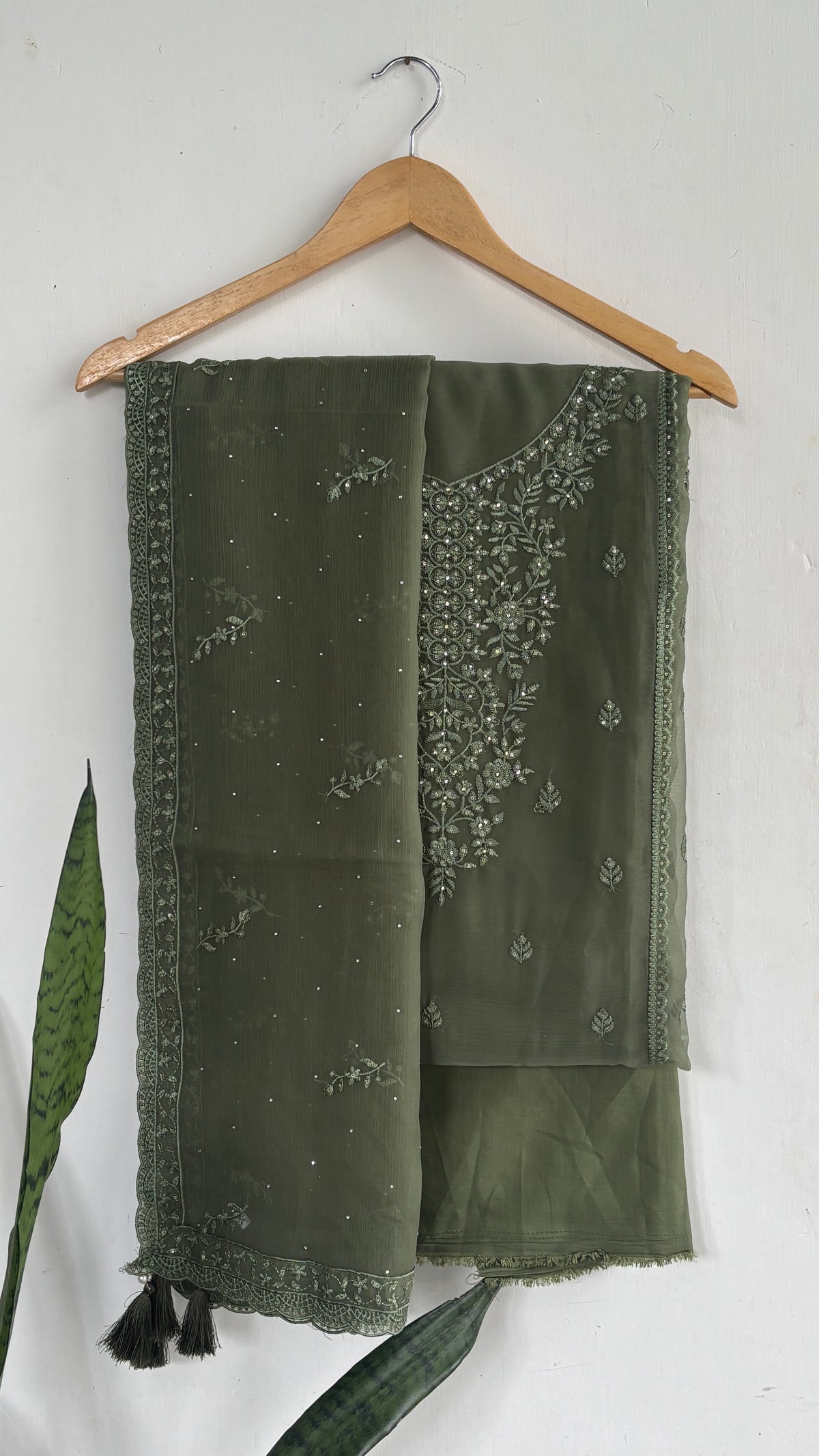 Embroidered Neck Suit Set with Lace Border and Dupatta