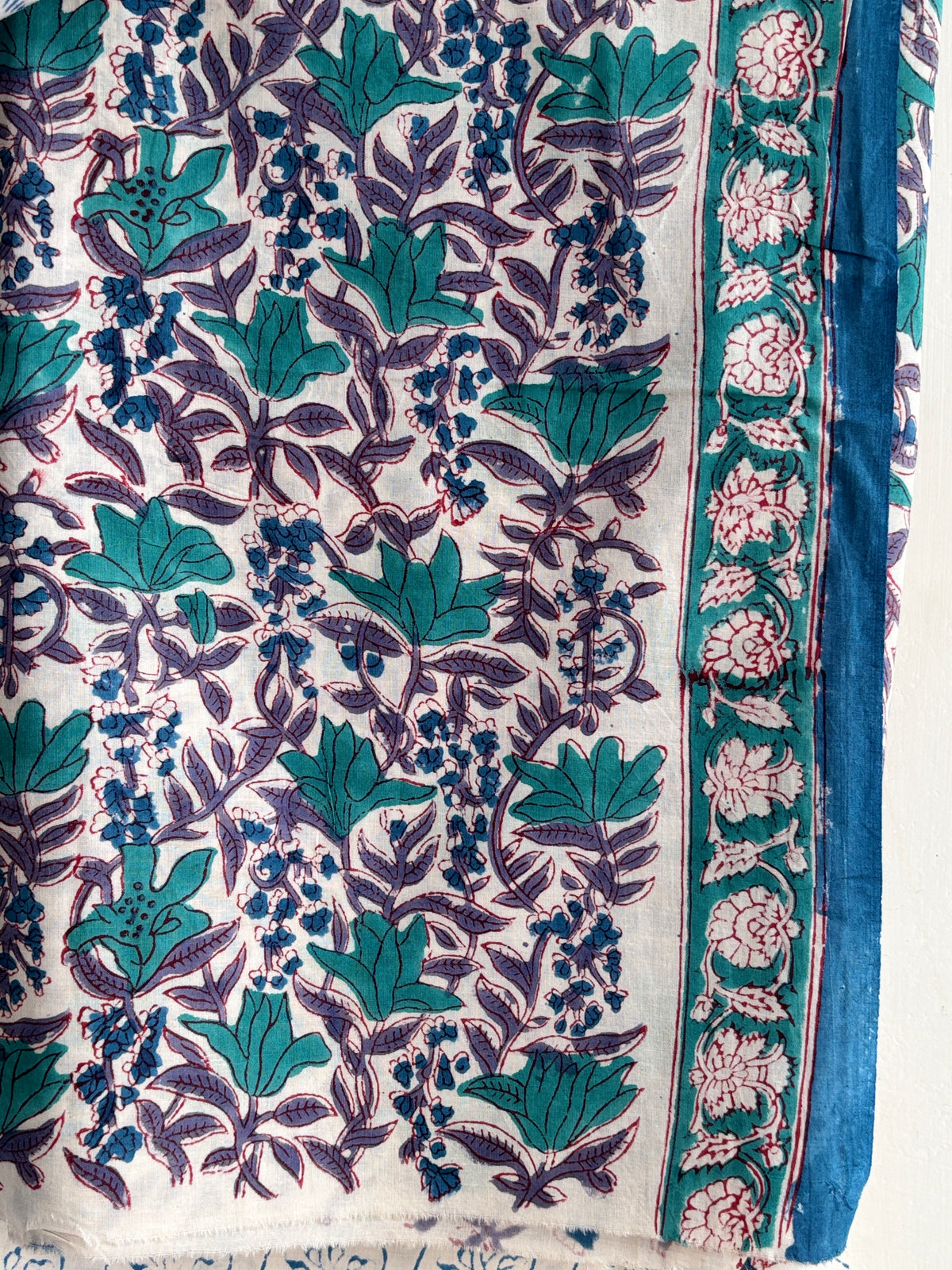 White and Green Floral Printed Cotton Suit Set with Cotton Dupatta