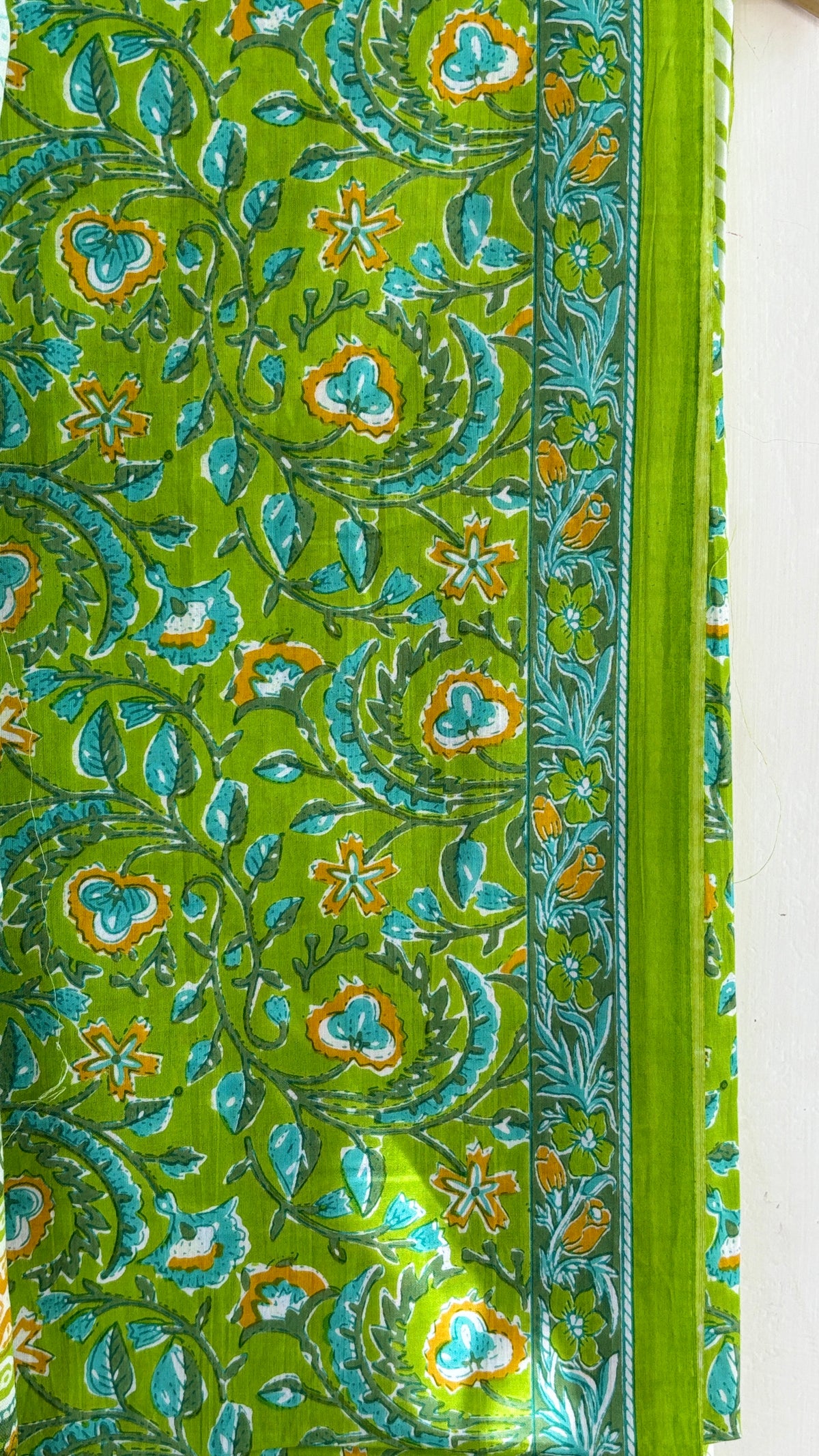 Bright Green Floral Printed Suit Set with Mul Cotton Dupatta