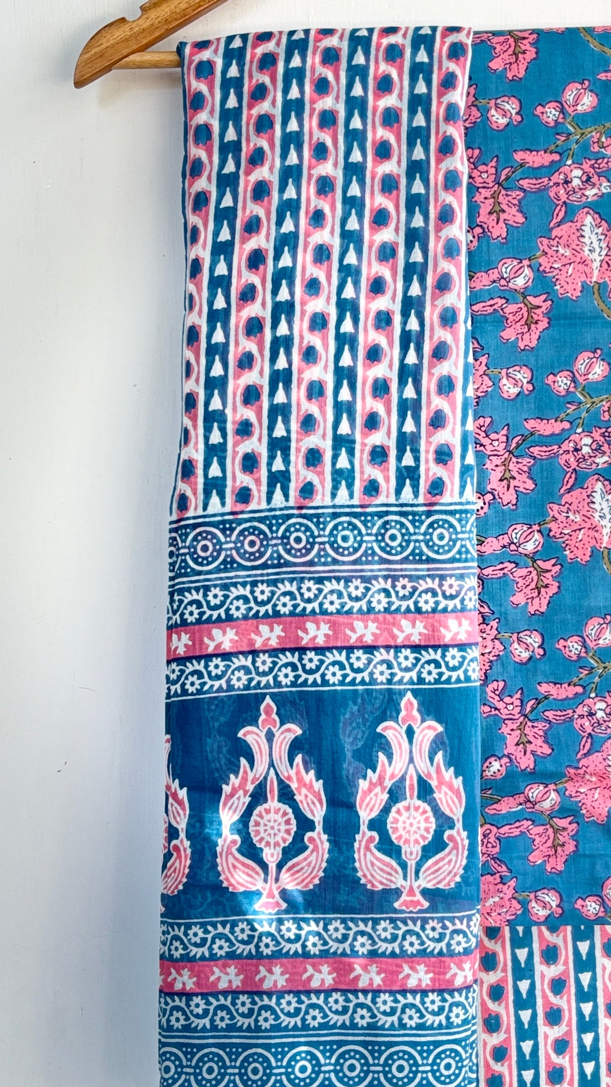 Light Blue and Pink Cotton Suit Set with Mul Cotton Dupatta
