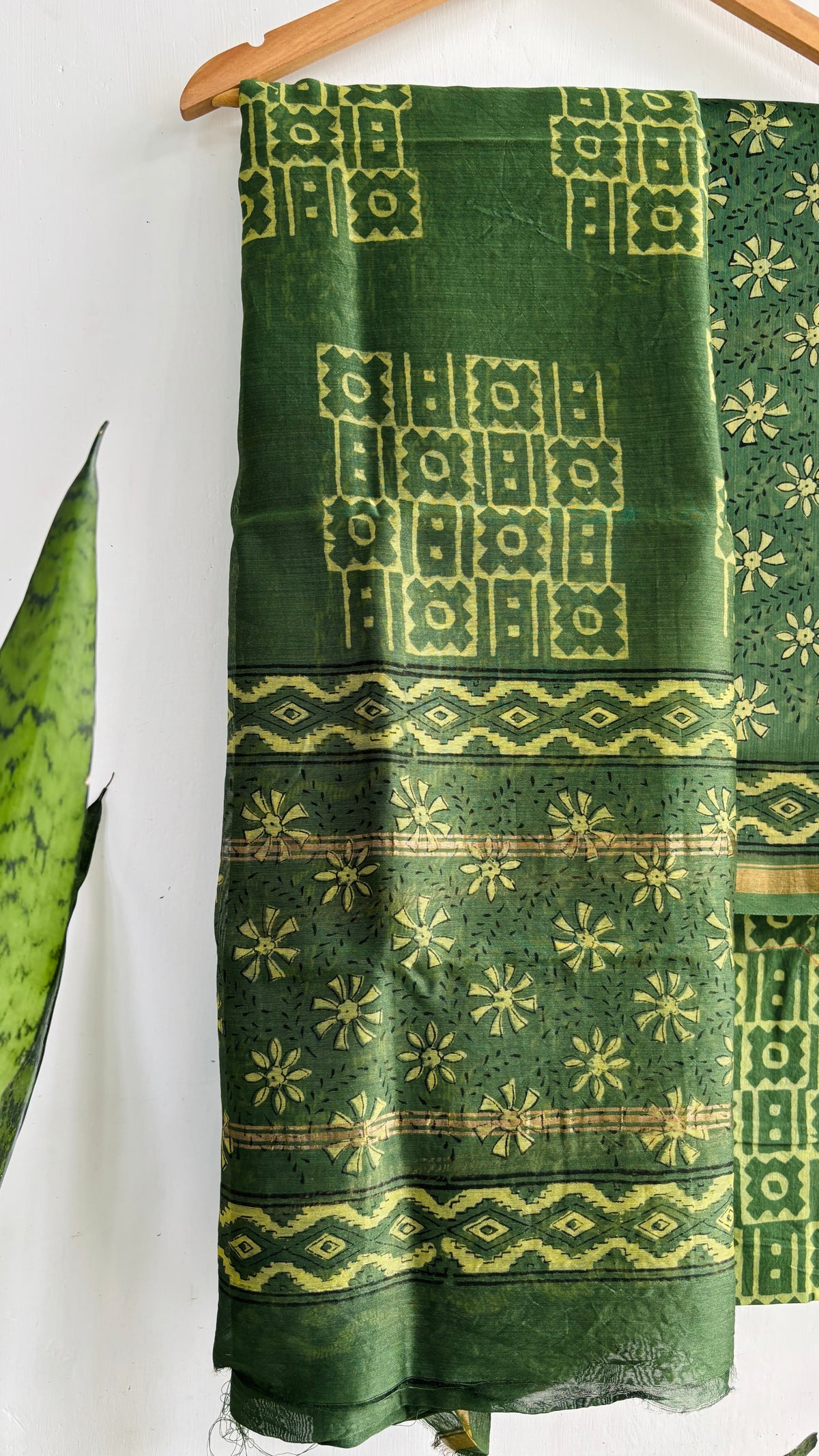 Forest Green & Yellow Floral Geometric Handblock Chanderi Silk Suit Set