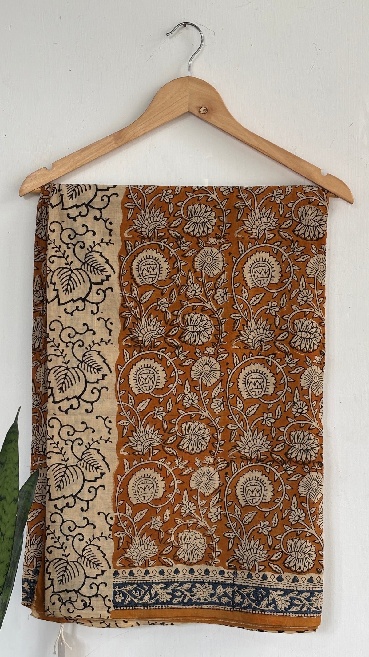 Ochre Brown and Beige Lotus Vine Print Handblock Mul Cotton Saree