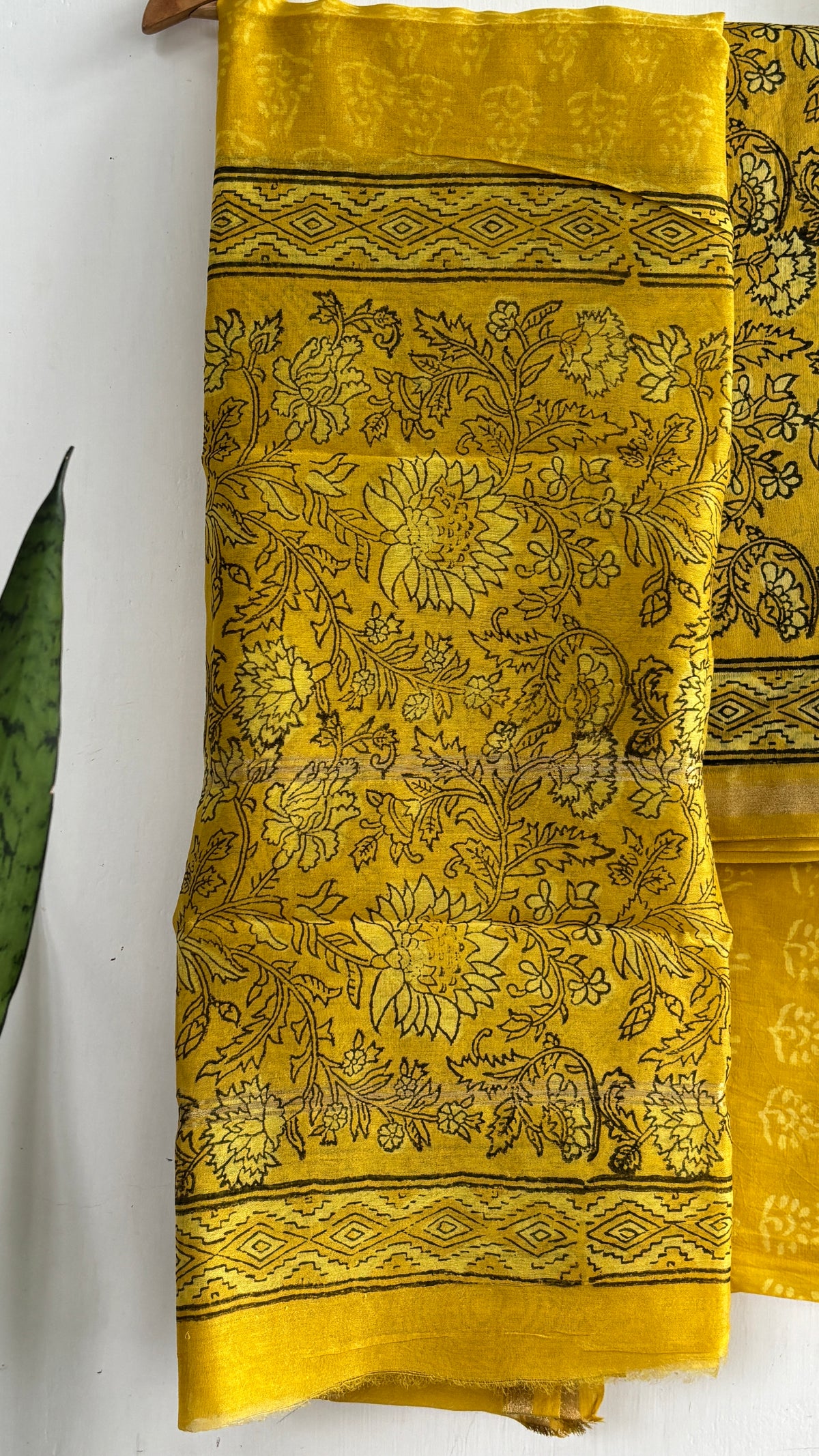 Mustard Yellow Floral Handblock Chanderi Silk Suit Set