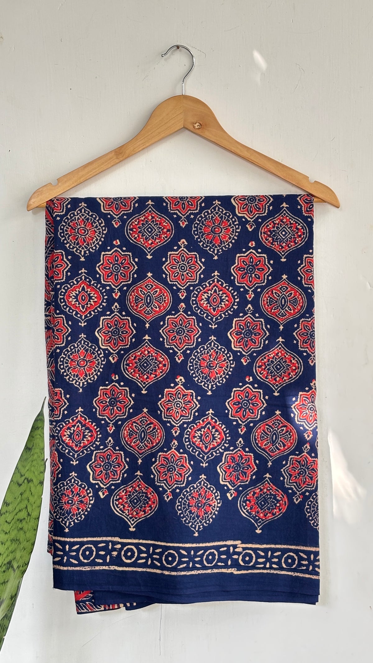 Navy Blue and Red Handblock Printed Mul Cotton Saree