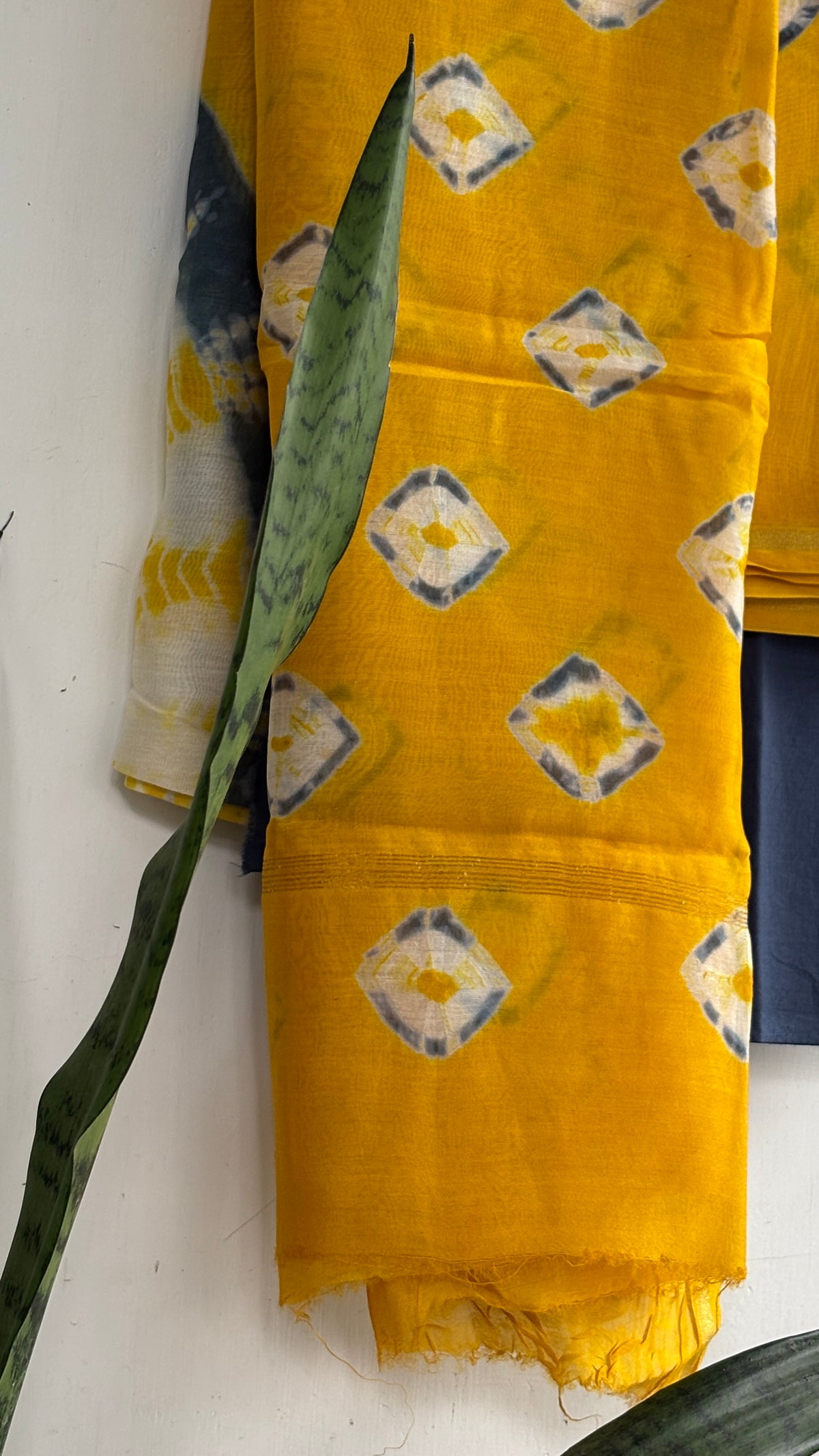 Mustard Yellow & Navy Diamond Motif Chanderi Silk Suit Set
