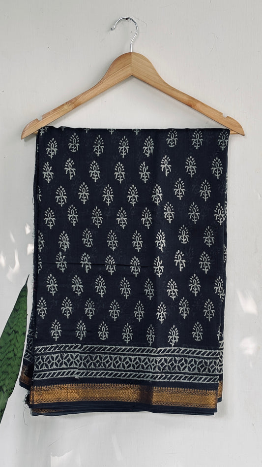 Black Handblock Printed Maheshwari Silk Saree