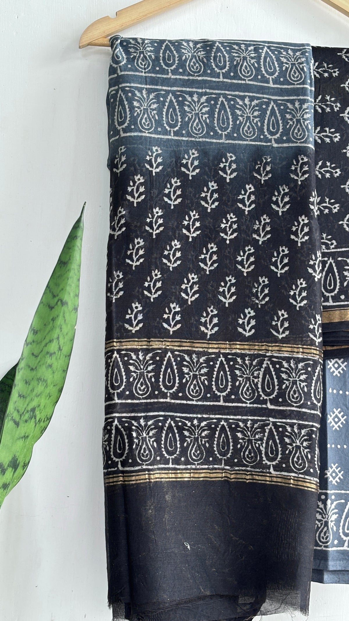 Black & Grey Buti & Paisley Handblock Chanderi Silk Suit Set