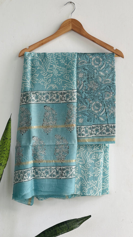 Teal Floral & Paisley Handblock Chanderi Silk Set