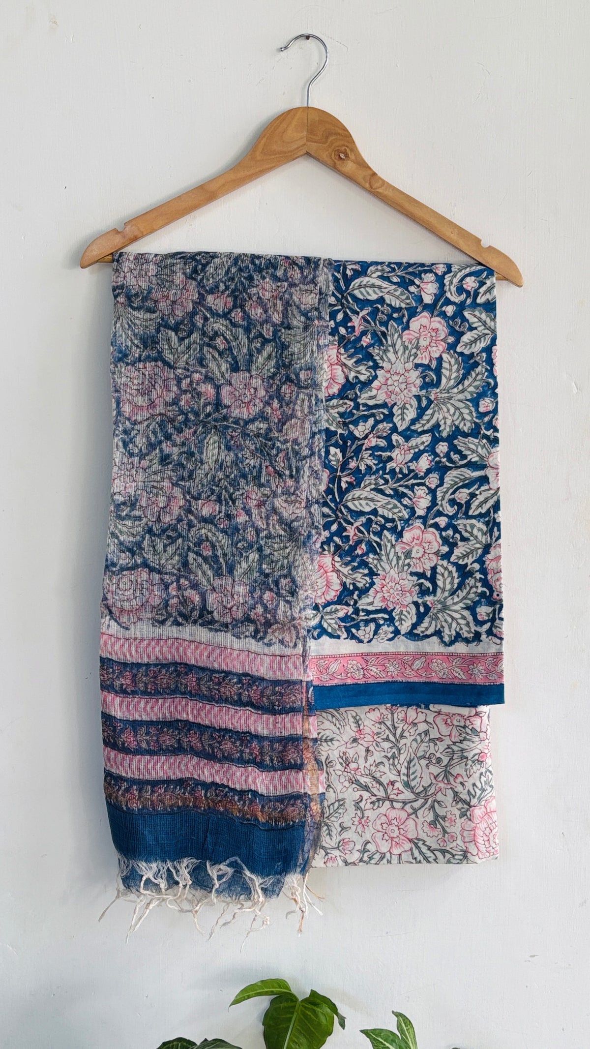 Blue Pink Floral Handblock Printed Cotton Suit Set with Kota Doria Dupatta