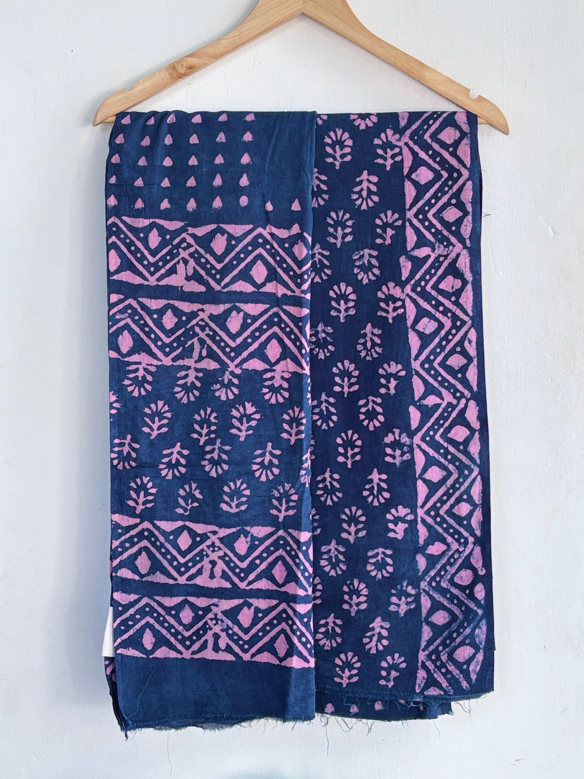 Dark Blue-Pink Handblock Printed Cotton Suit Set with Cotton Dupatta