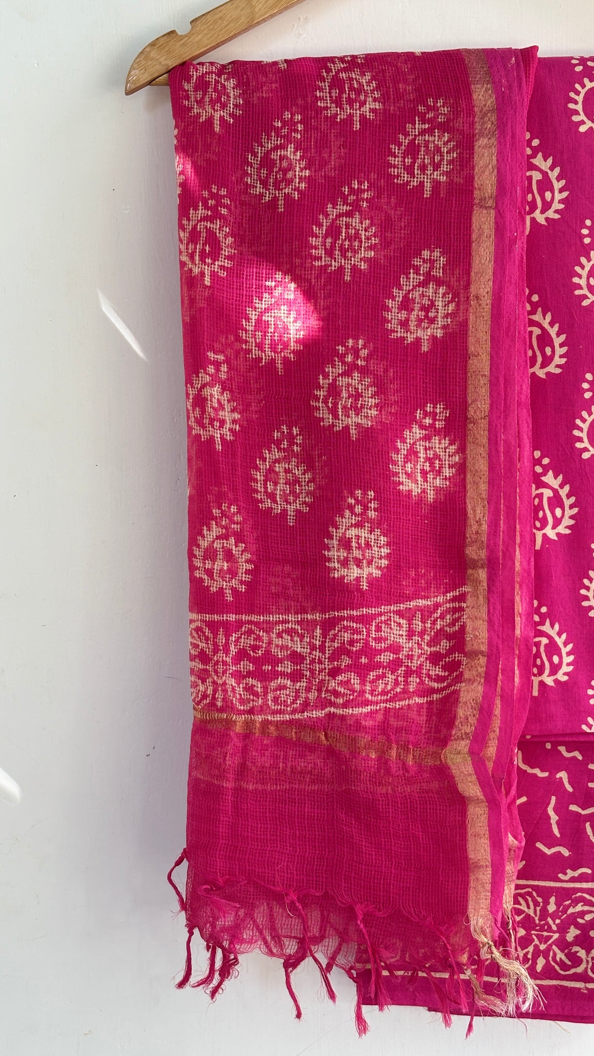 Bright Pink Cotton Suit Set with Kota Doria Dupatta