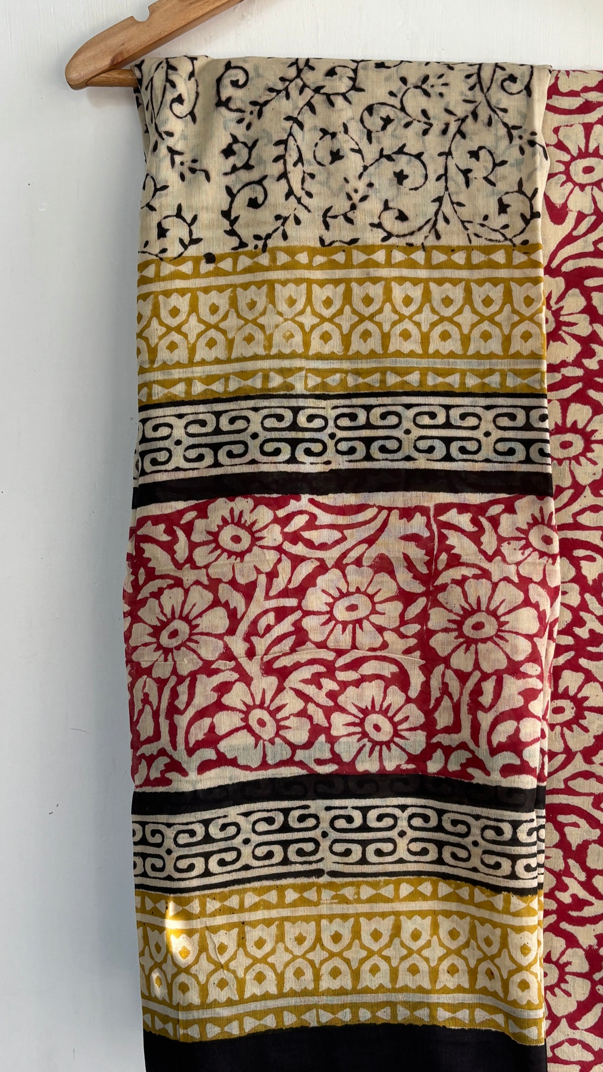 Red and Beige Floral Handblock Printed Cotton Suit Set with Cotton Dupatta