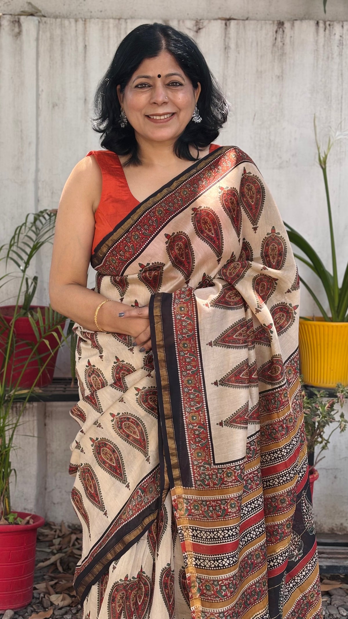 Offwhite Handblock Printed Chanderi Silk Saree