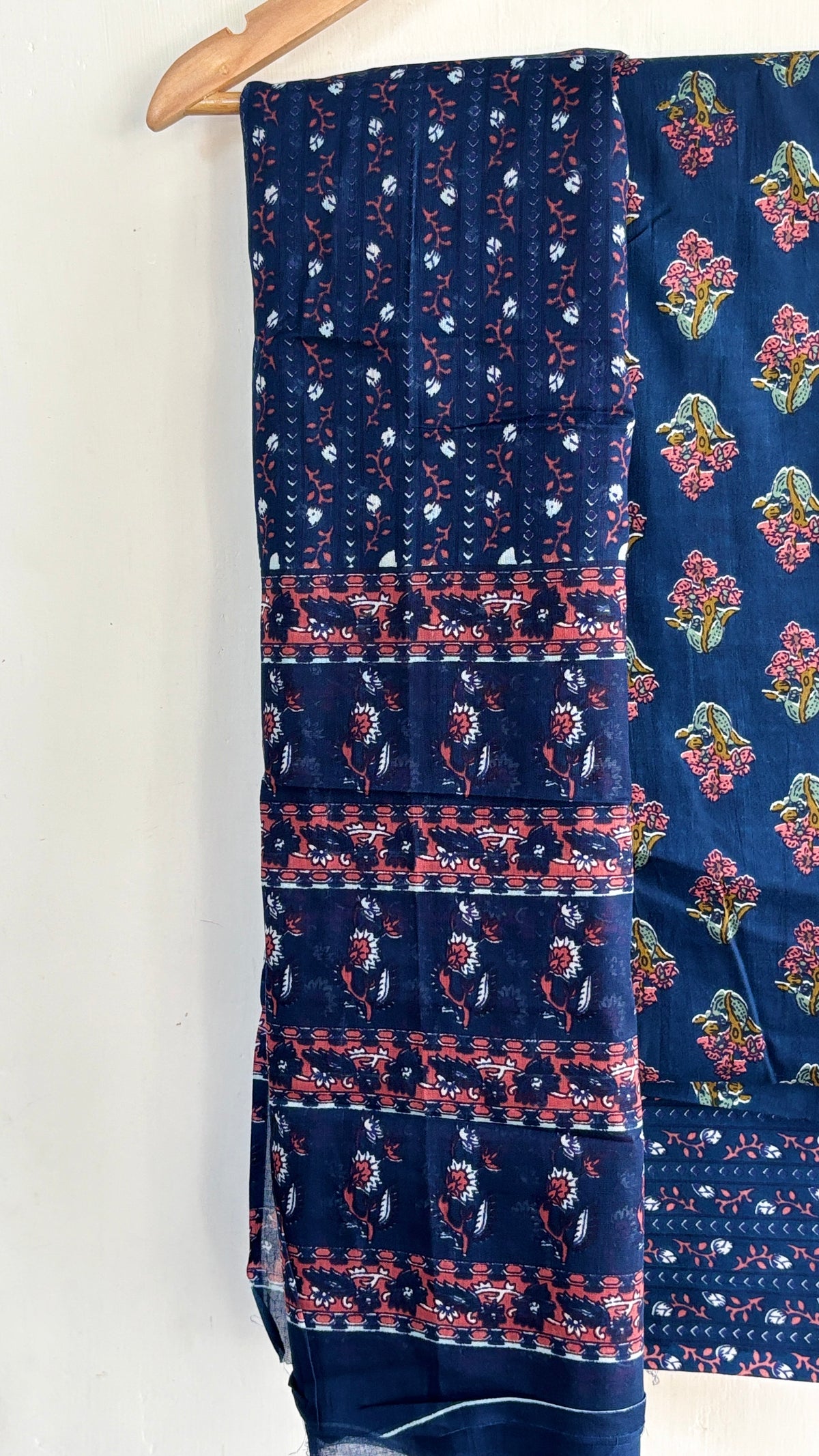 Dark Blue Floral Printed Suit Set with Cotton Dupatta