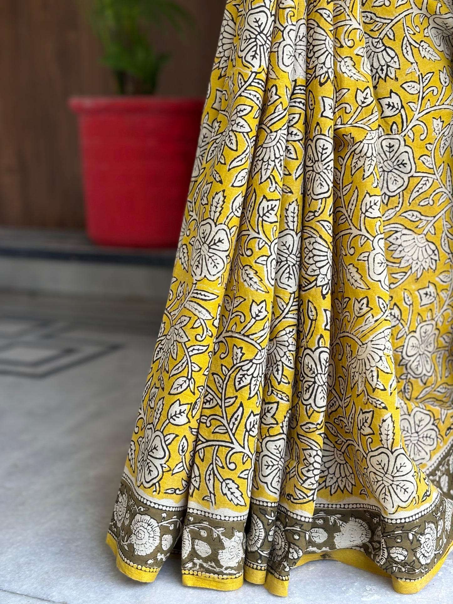 Yellow Handblock Printed Mul Cotton Saree