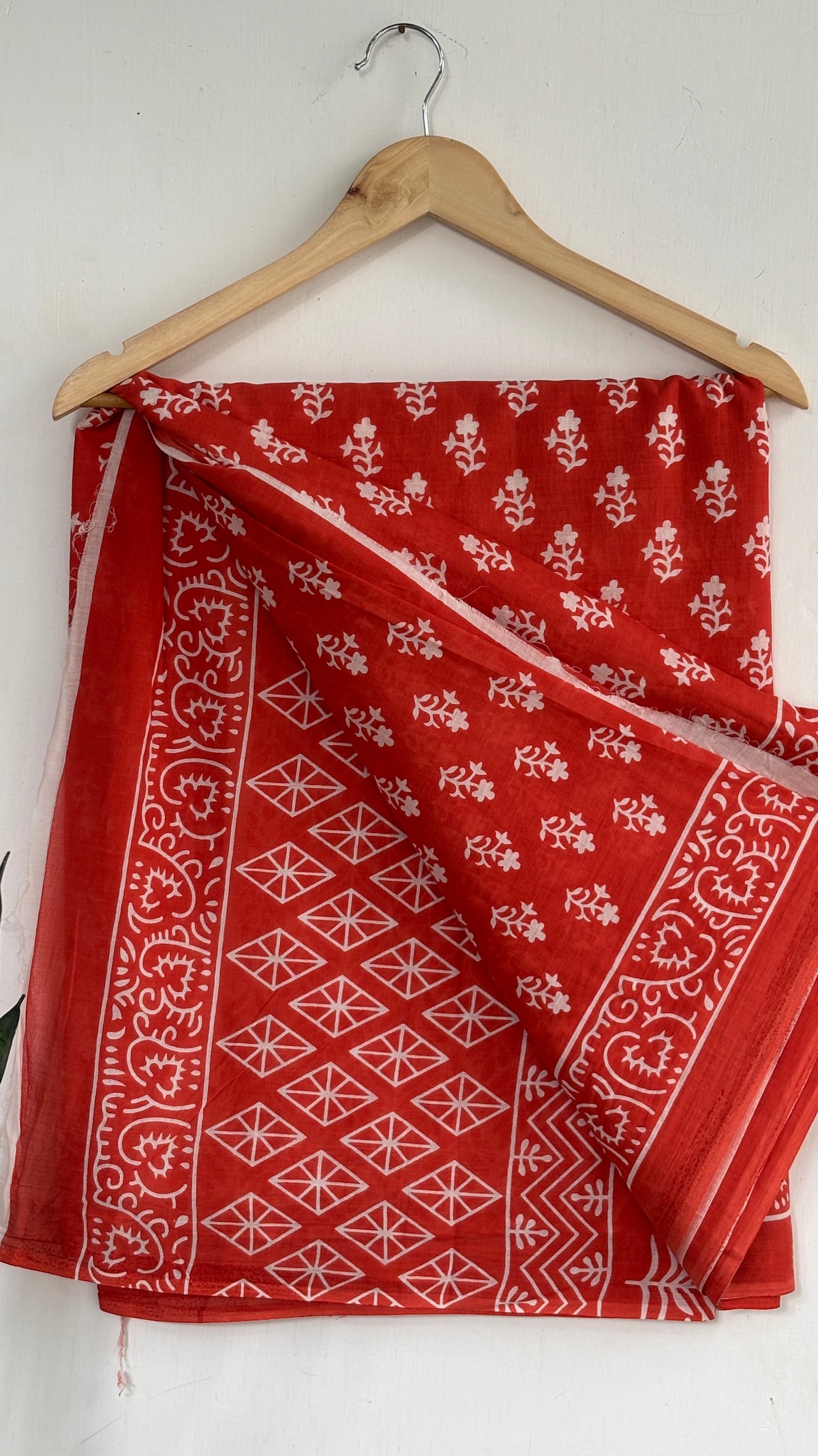 Vermilion Red Floral Buti Print Mul Cotton Saree with White Ornamental Border
