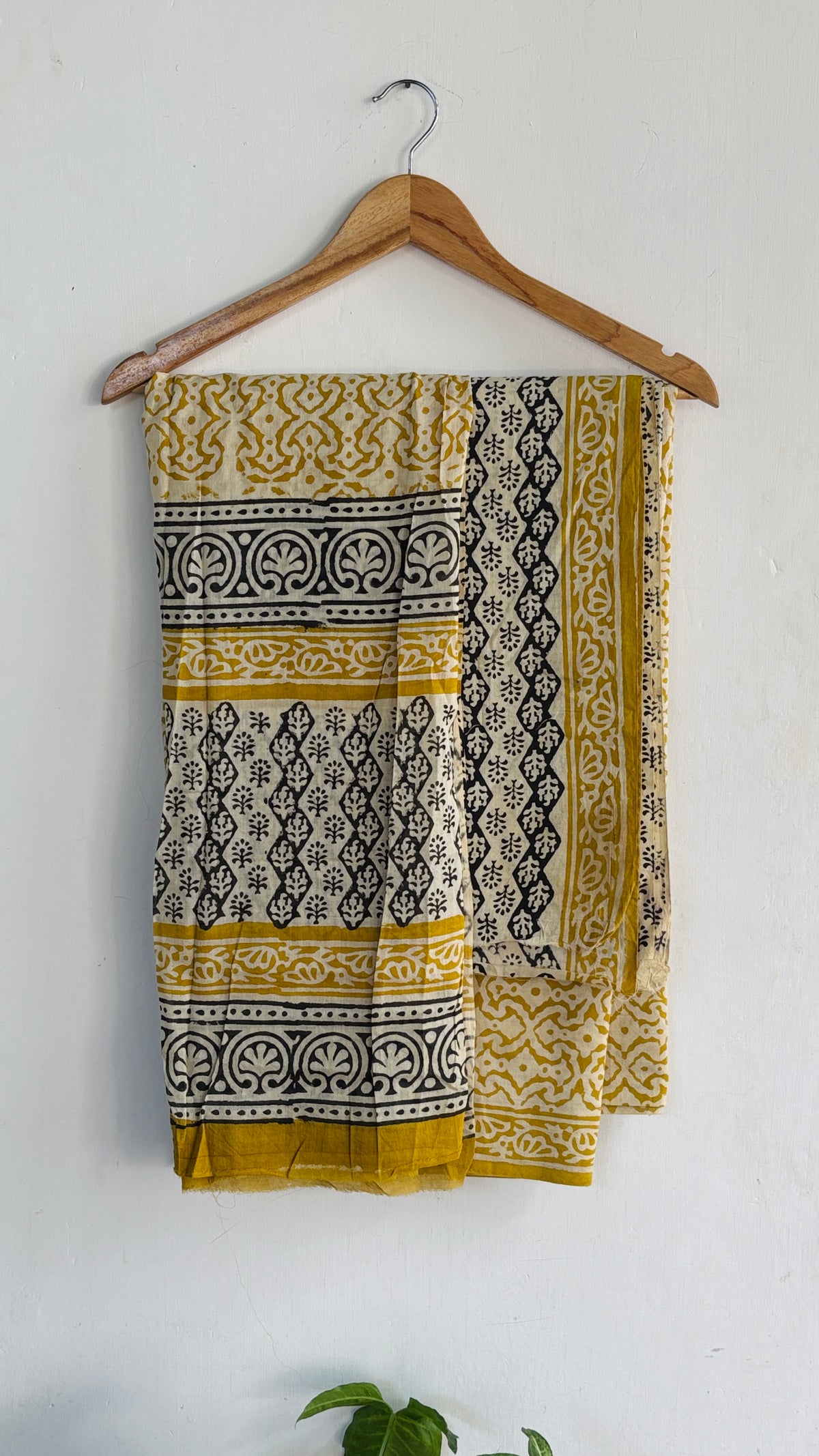 Yellow Black Handblock Printed Cotton Suit Set with Cotton Dupatta