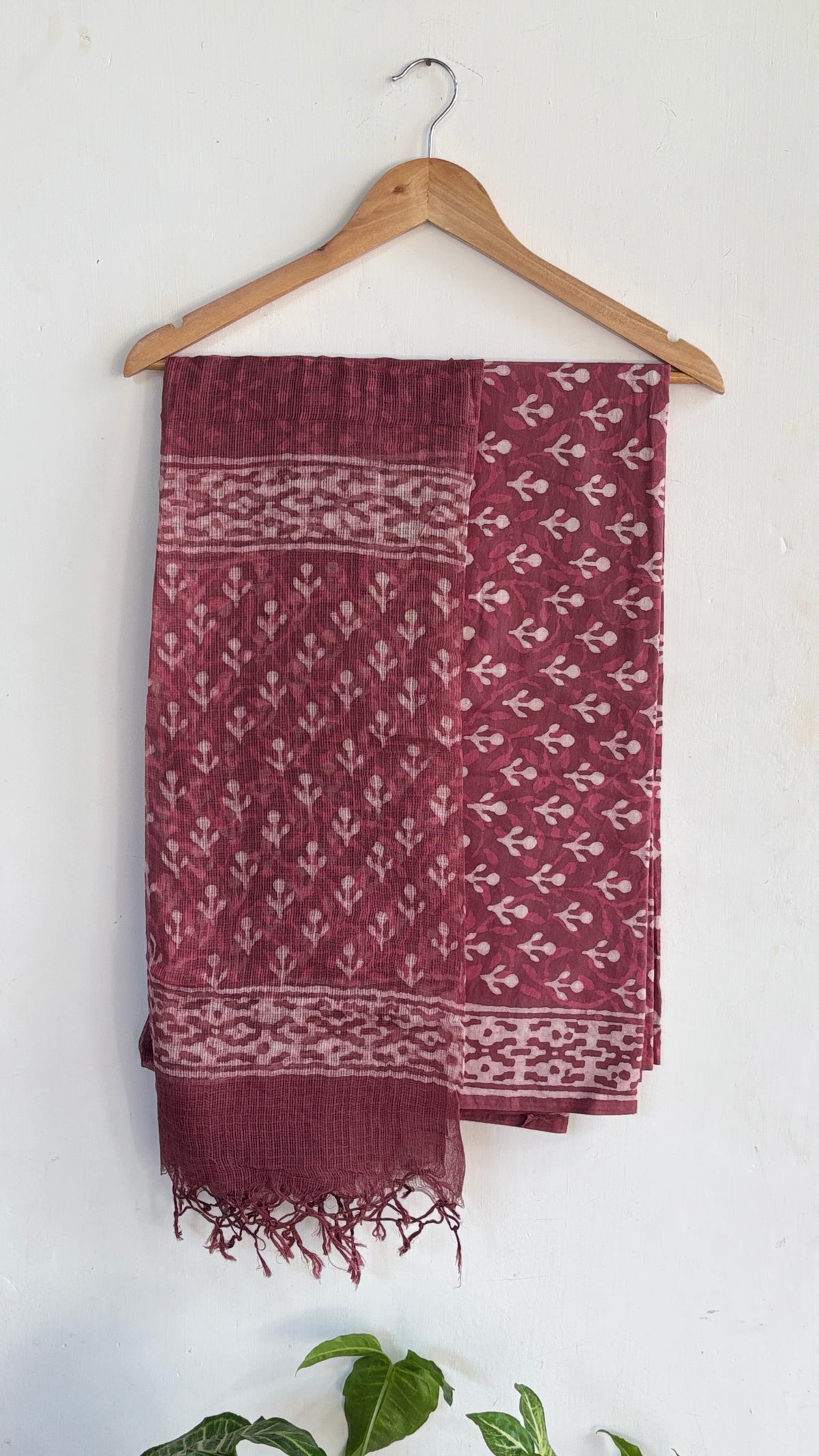 Dark Rouge Pink Handblock Printed Cotton Suit Set with Kota Doria Dupatta