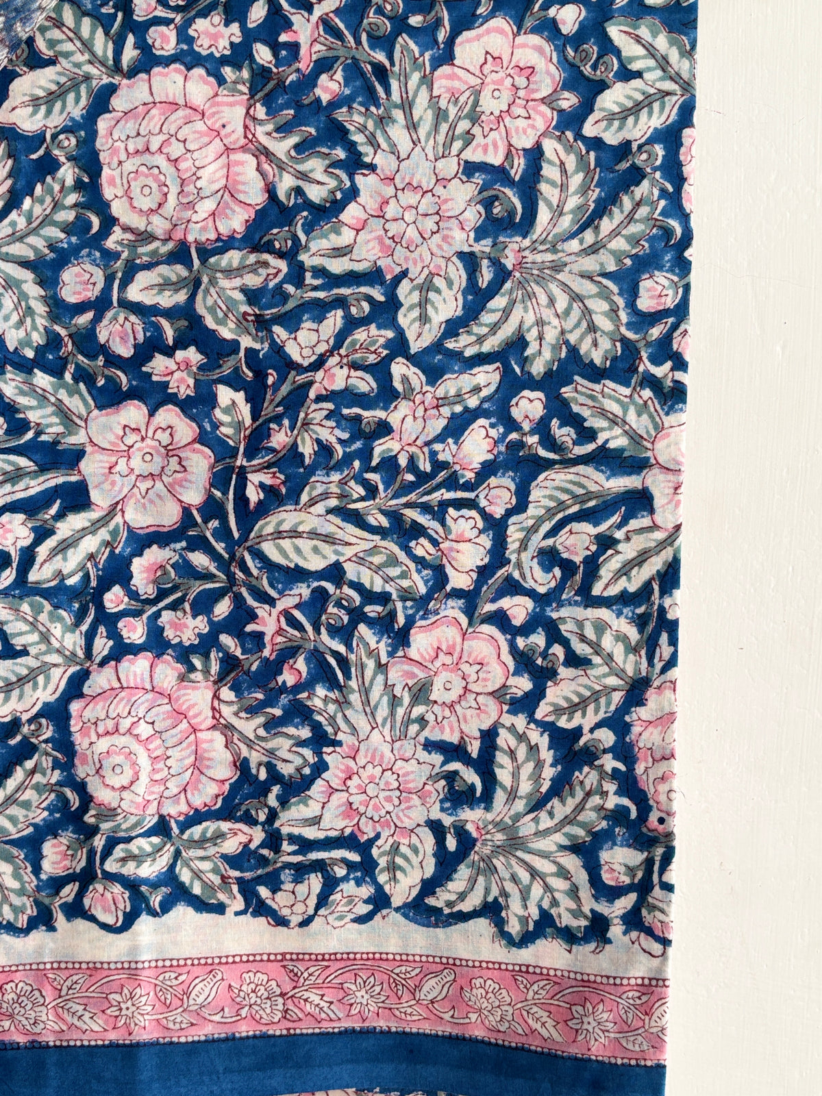 Blue Pink Floral Handblock Printed Cotton Suit Set with Kota Doria Dupatta