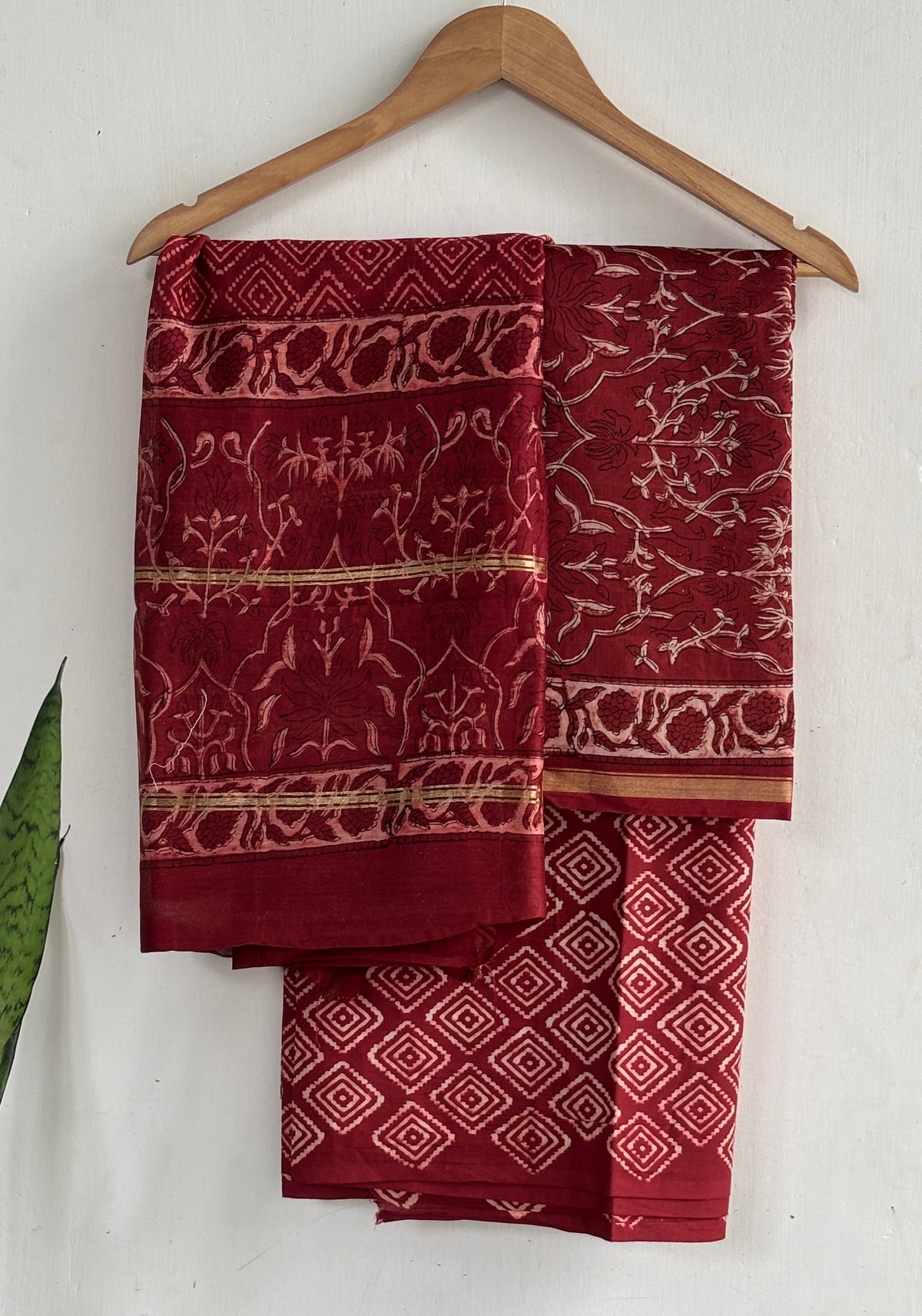 Maroon Floral & Geometric Handblock Chanderi Silk Suit Set