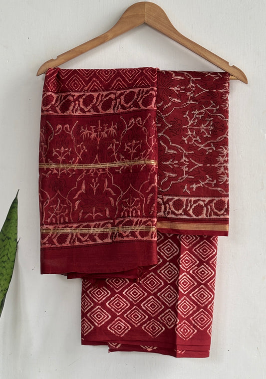 Maroon Floral & Geometric Handblock Chanderi Silk Suit Set