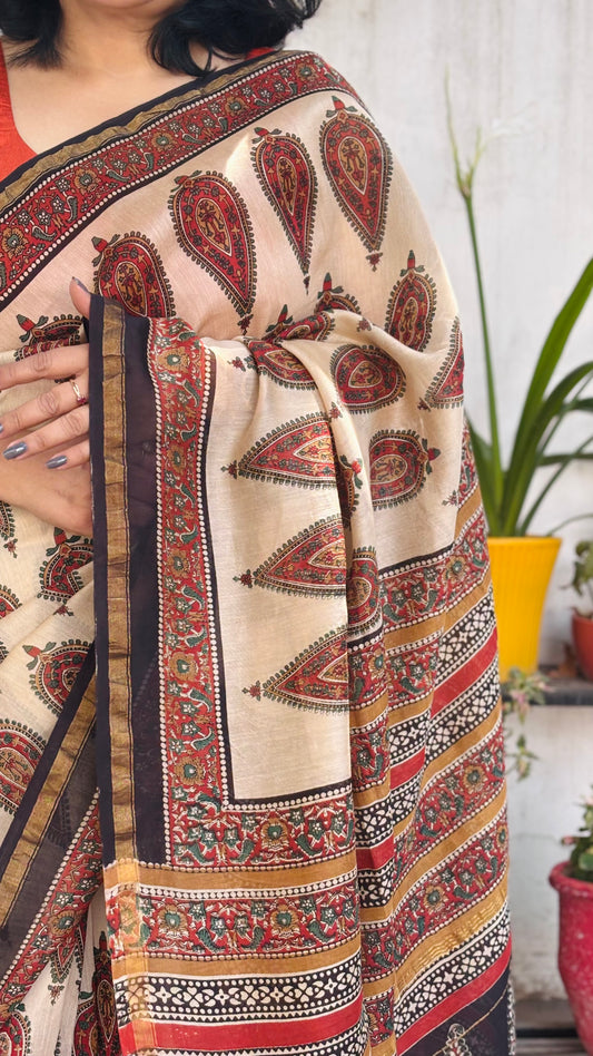 Offwhite Handblock Printed Chanderi Silk Saree