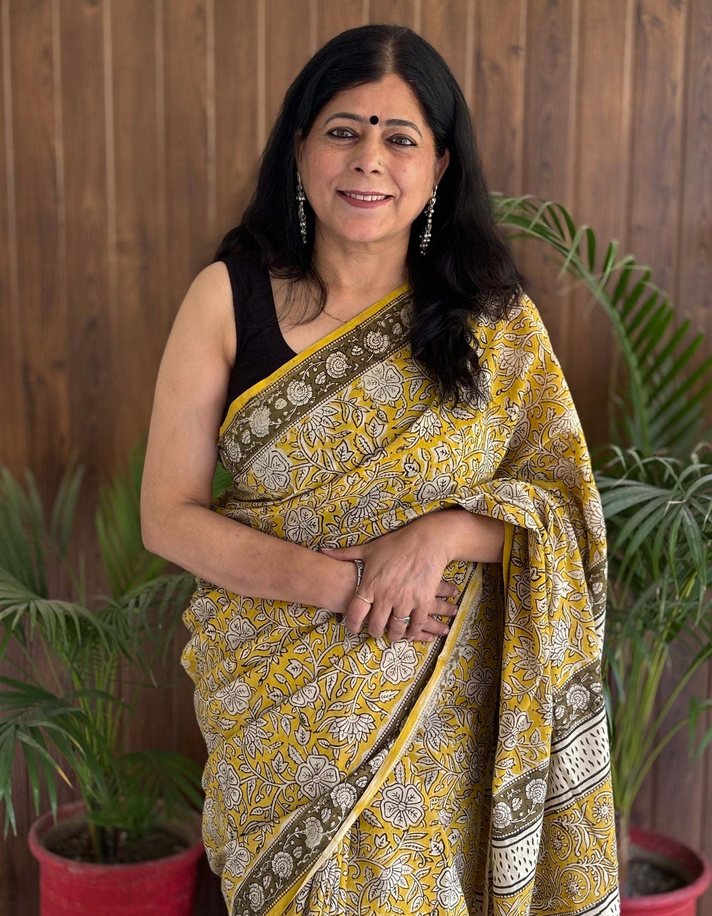 Yellow Handblock Printed Mul Cotton Saree