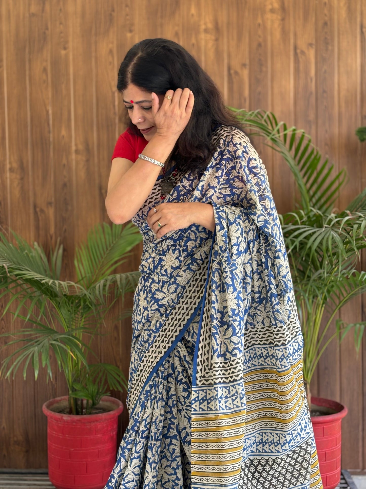 Floral Blue Handblock Printed Mul Cotton Saree