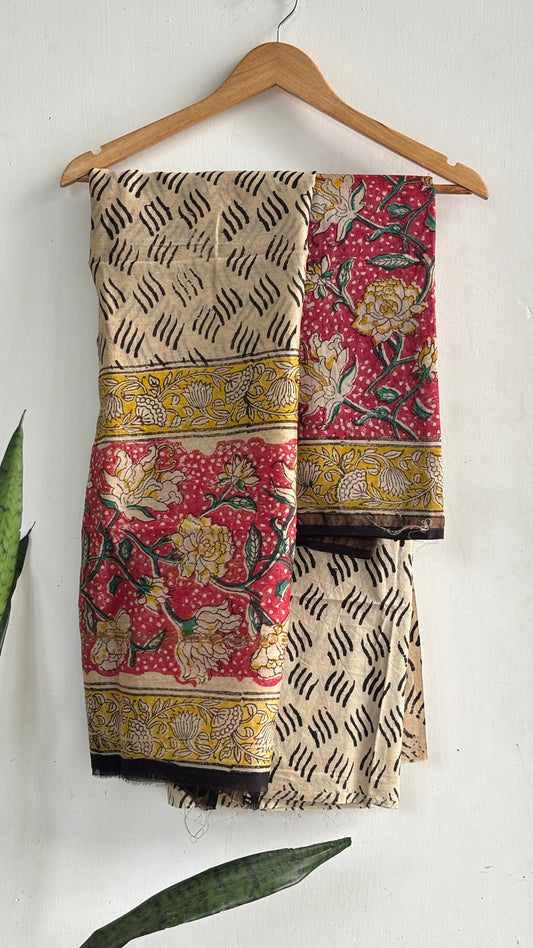 Red Floral Panel & Mustard Border Handblock Chanderi Silk Suit Set