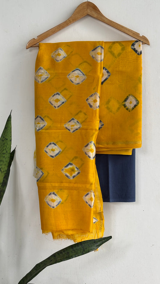 Mustard Yellow & Navy Diamond Motif Chanderi Silk Suit Set