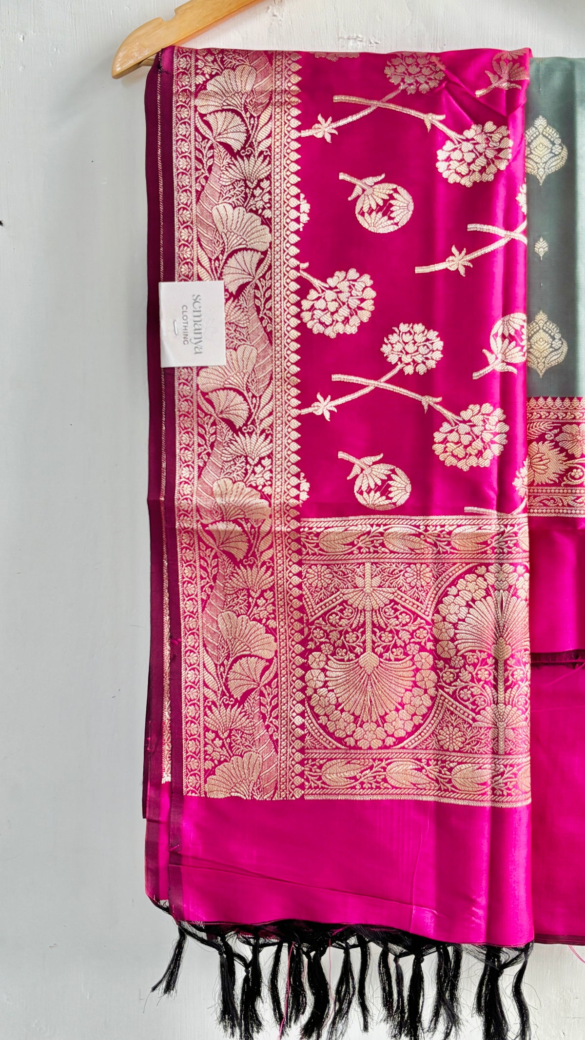 Blueish Grey and Bright Pink Semi-silk Banarasi Suit Sets