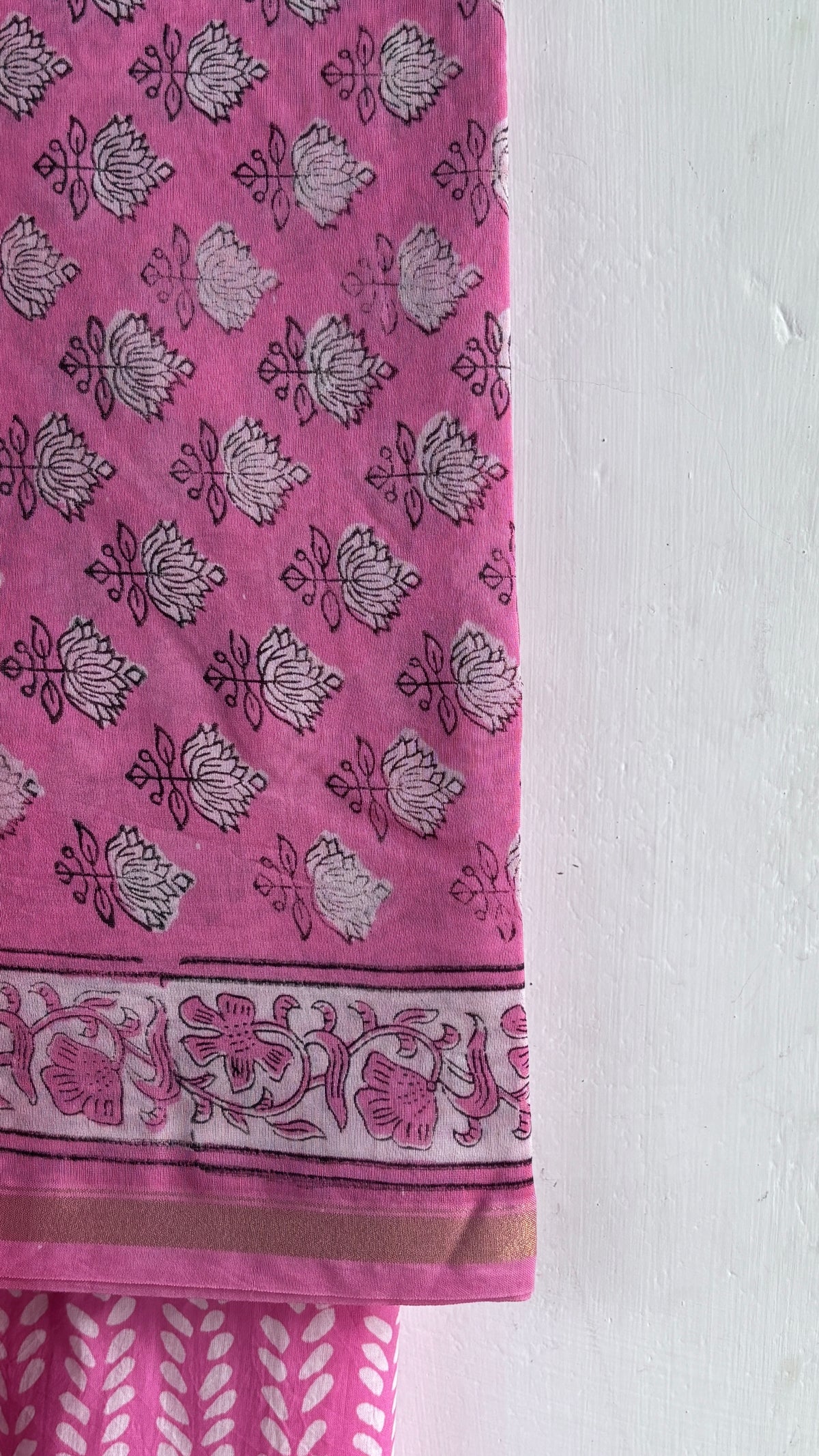 Rose Pink Floral & Buti Handblock Chanderi Silk Suit Set