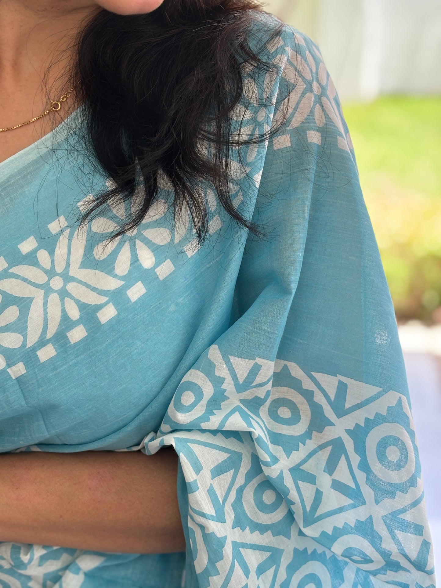 Sky Blue Handblock Printed Mul Cotton Saree