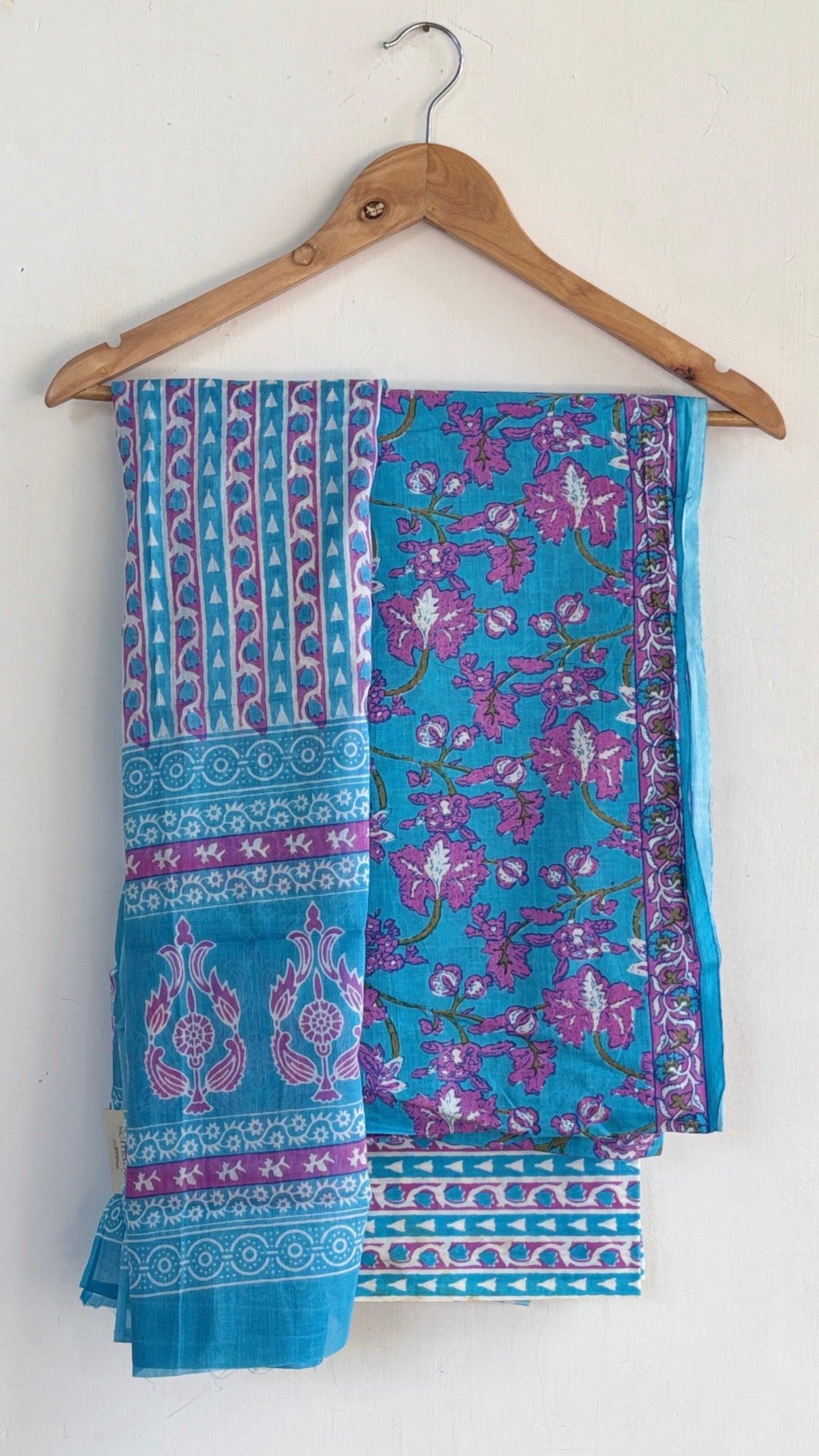 Bright Blue and Pink Cotton Suit Set with Cotton Dupatta