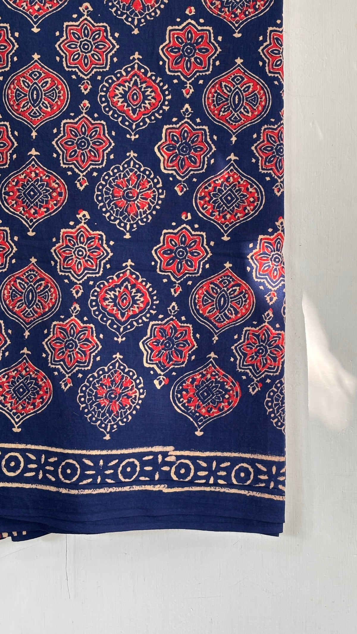 Navy Blue and Red Handblock Printed Mul Cotton Saree