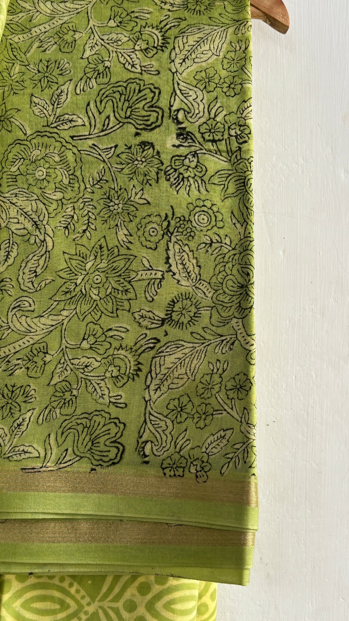 Lime Green Paisley Print Handblock Chanderi Silk Suit Set