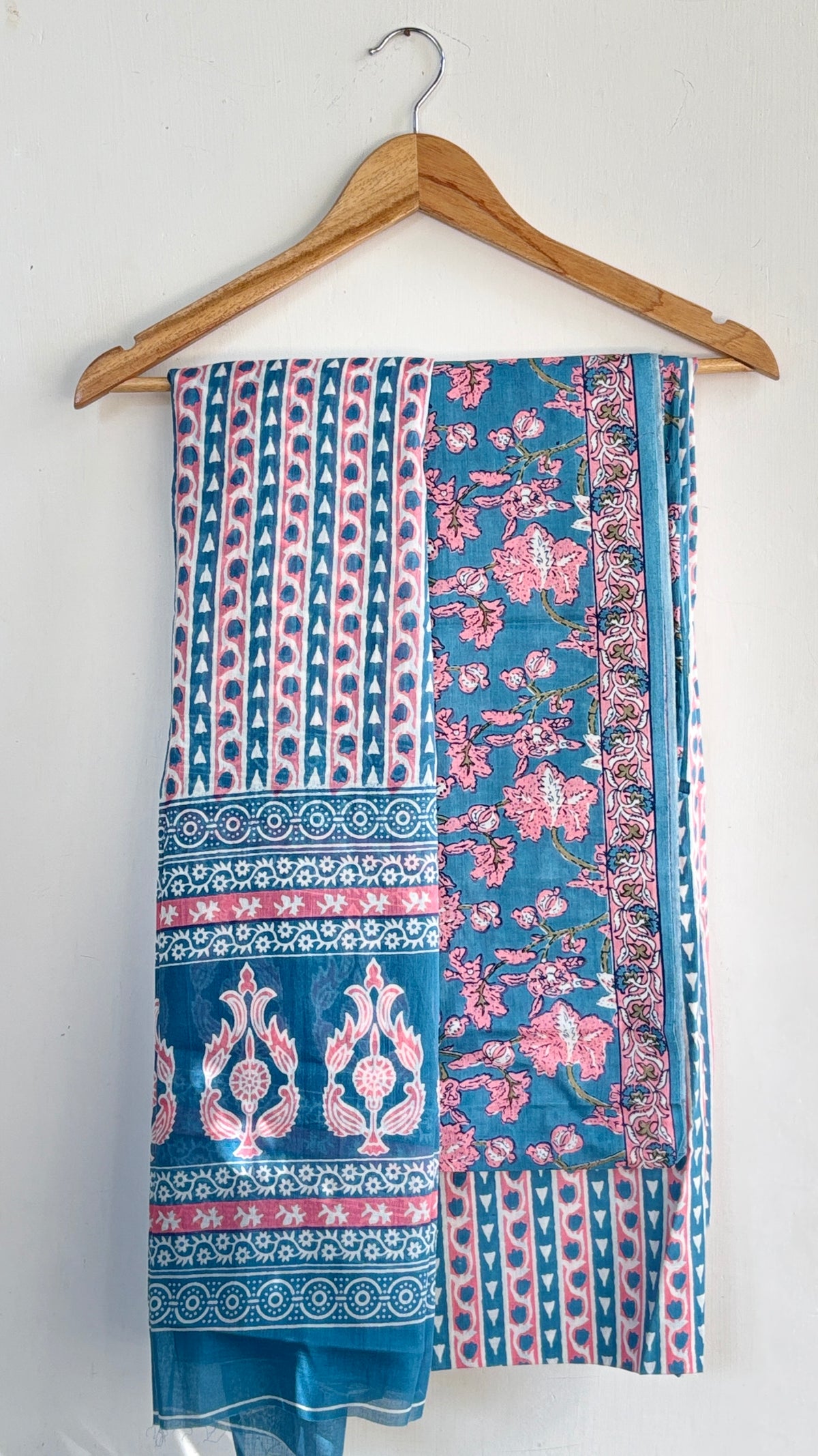 Light Blue and Pink Cotton Suit Set with Mul Cotton Dupatta