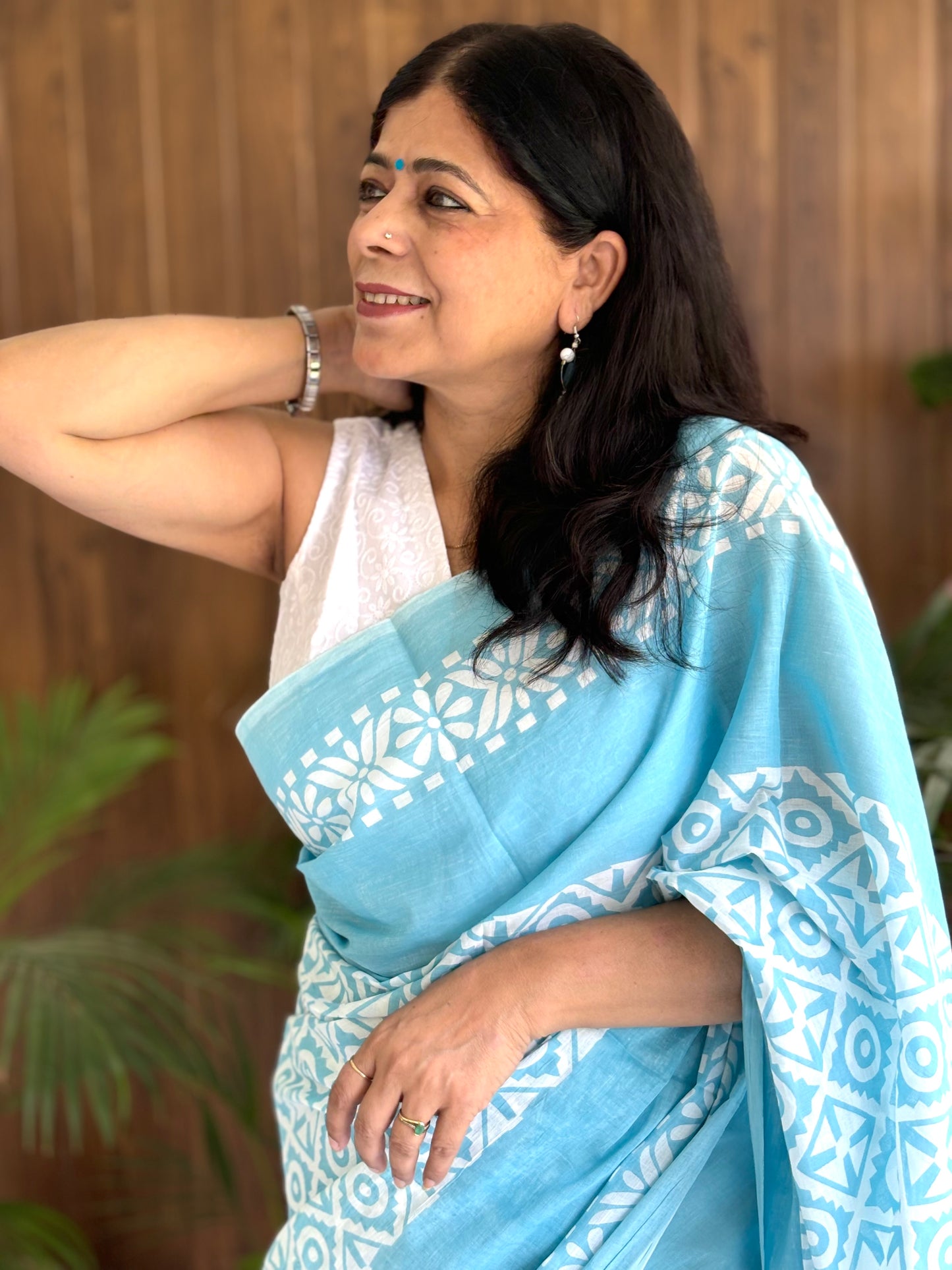 Sky Blue Handblock Printed Mul Cotton Saree