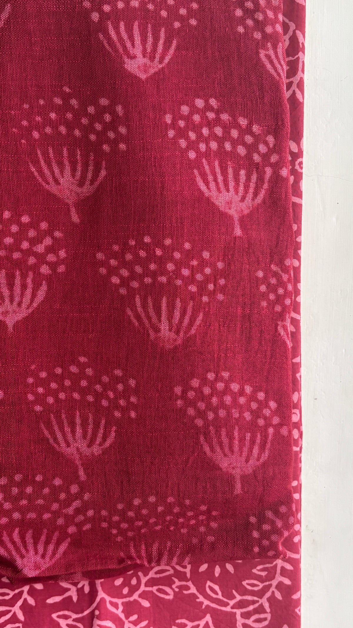 Handblock Printed Cotton Linen Deep Red Paisley Print Suit Set with Cotton Linen Dupatta