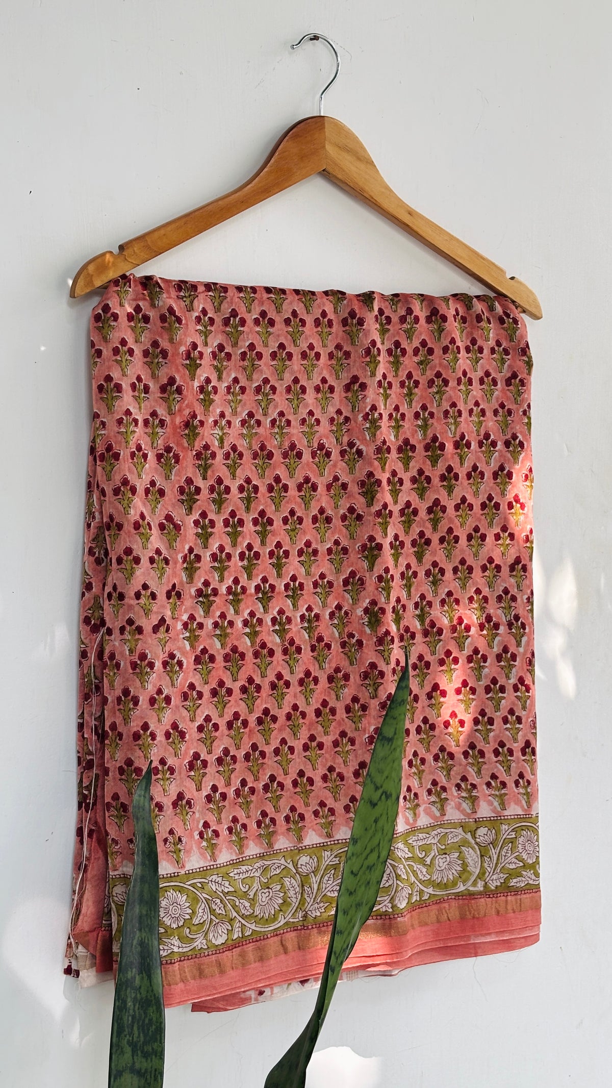 Peach and With Red and Green Handblock Printed Floral Motifs