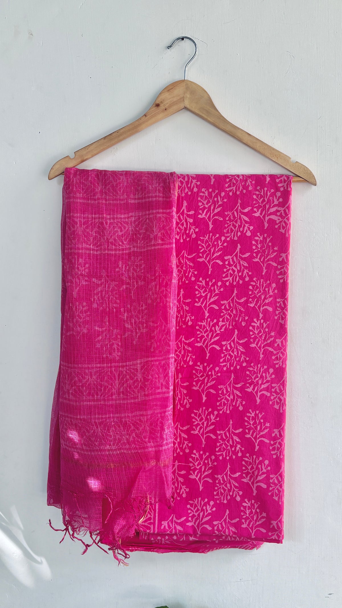 Pink Handblock Cotton Suit with Kota Doria Dupatta