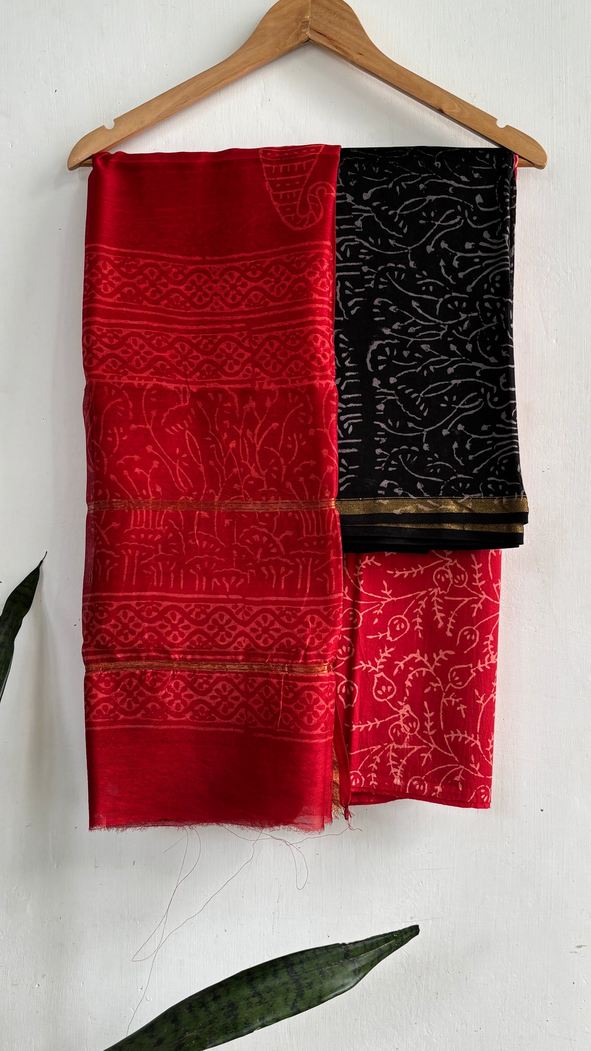 Red & Black Traditional Print Handblock Chanderi Silk Suit Se