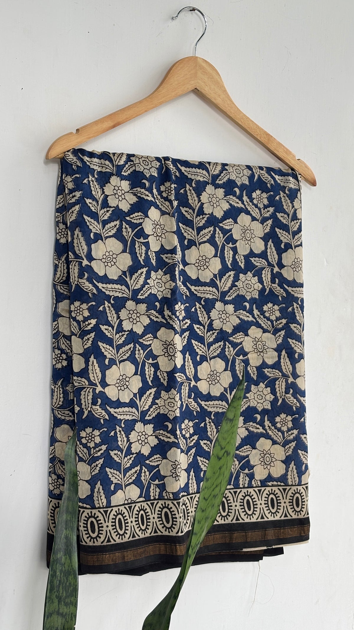Navy Blue and Beige Floral Vine Handblock Mul Cotton Saree