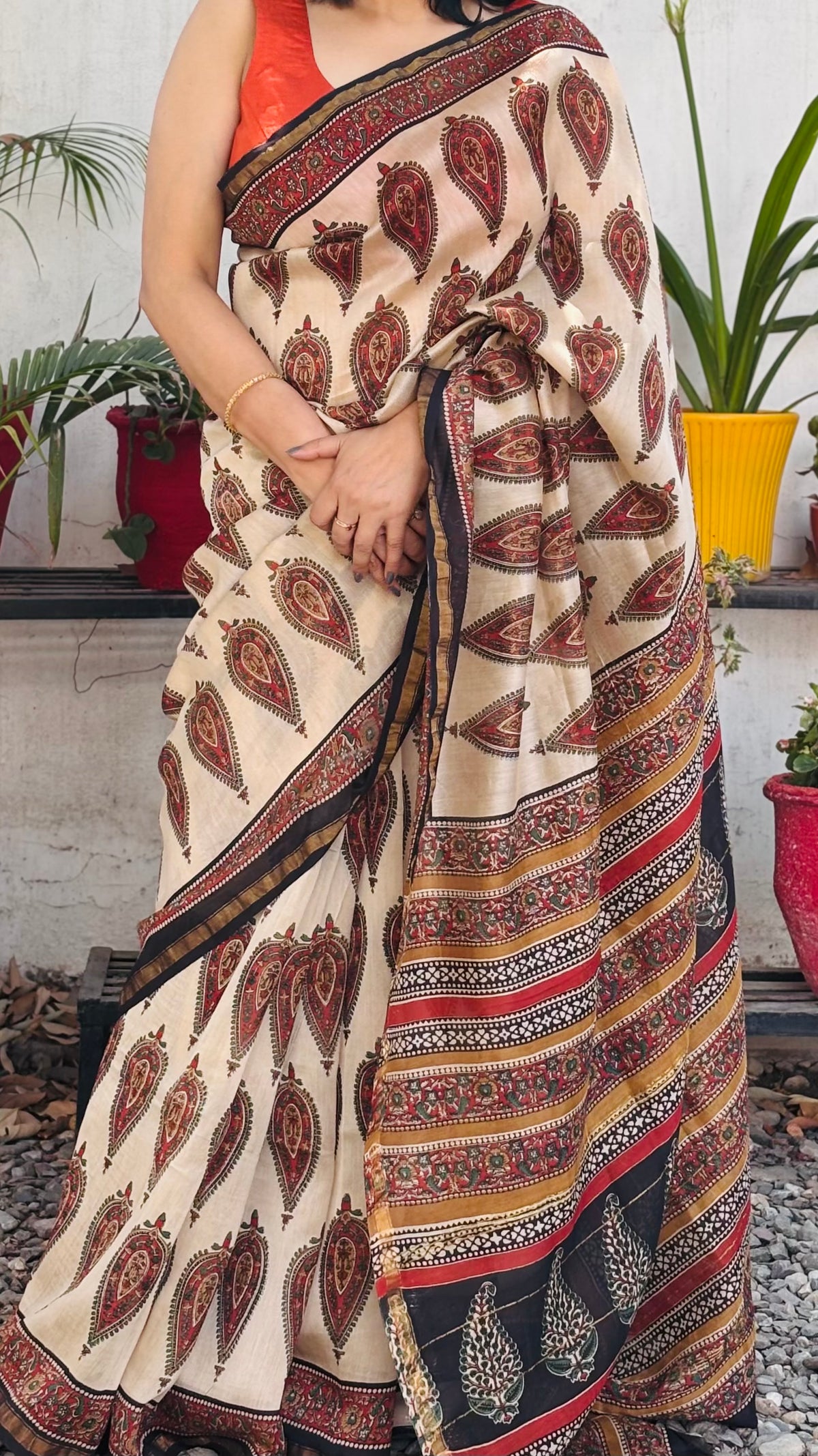Offwhite Handblock Printed Chanderi Silk Saree