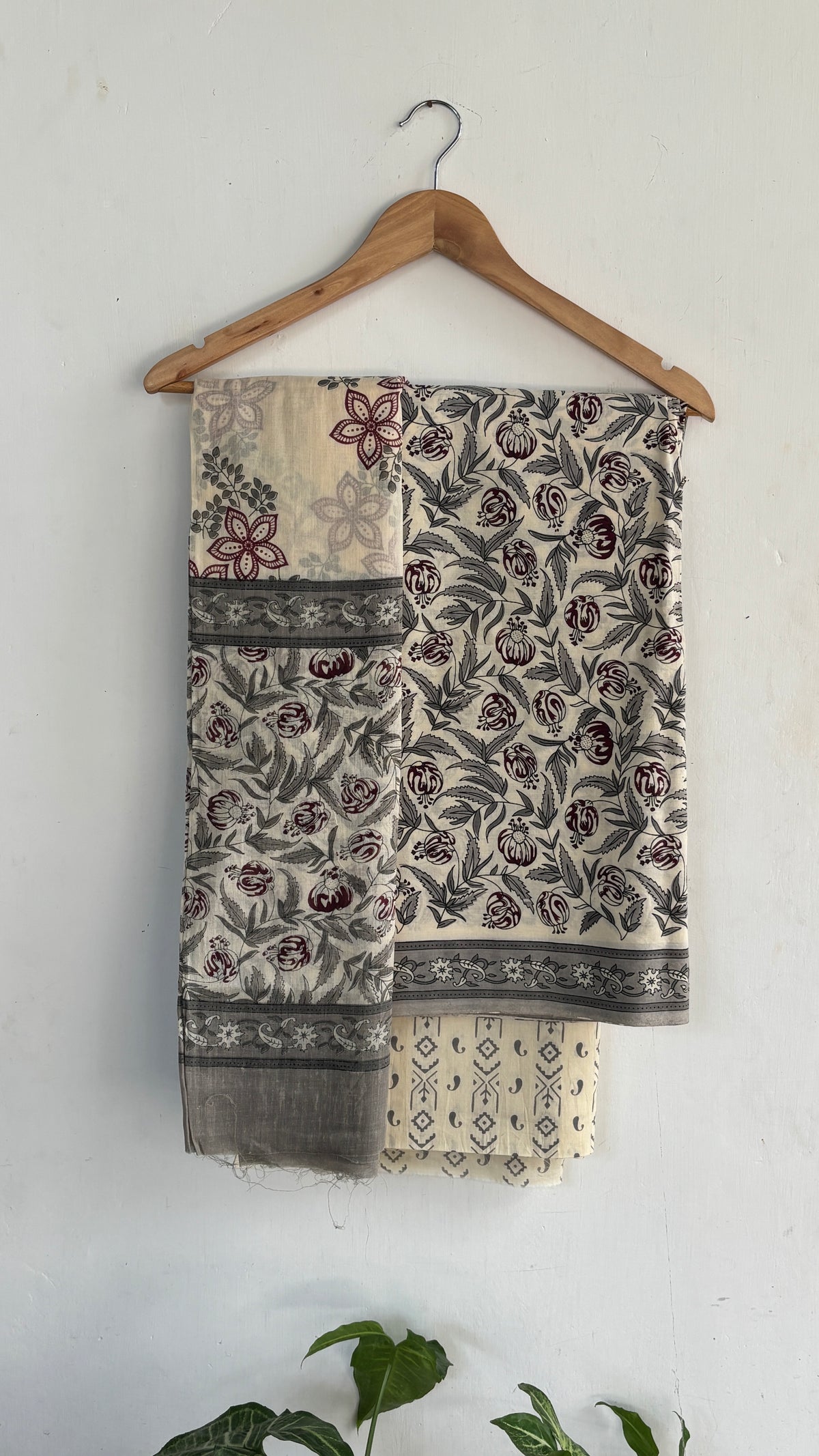 Grey and Maroon Floral Printed Cotton Suit Set with Cotton Dupatta