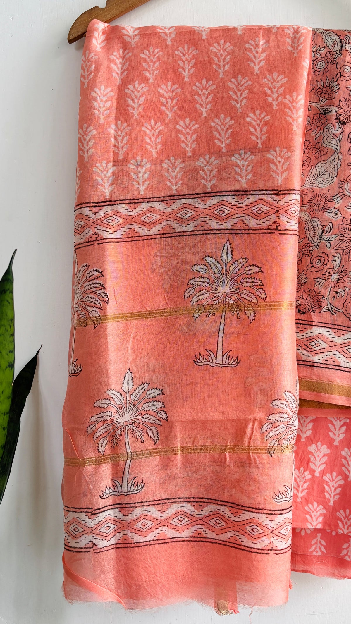 Coral Floral & Palm Handblock Chanderi Silk Set